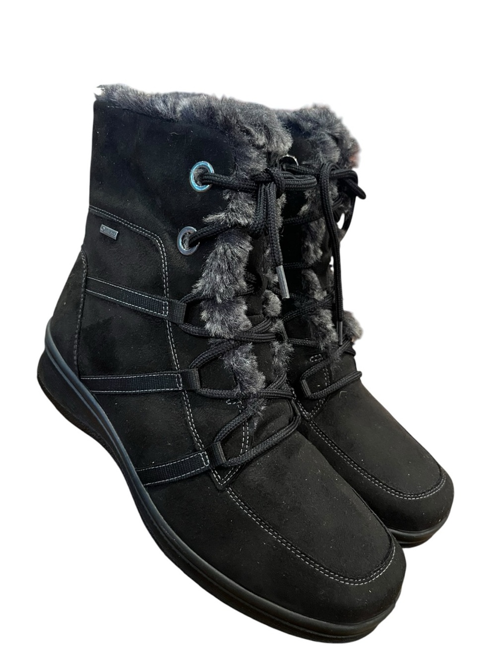 Ara Black Faux-Fur Lace-Up Winter Ankle Boots NWT EUR 39 US 8.5 9